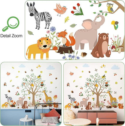 AM AMAONM Removable Jungle Animals Fox Deer Elephant Birds Lion Wall Decals DIY Tree and Leaves Wall Sticker Peel and Stick Home Wall Art Decor for Kids Baby Boys Nursery Bedroom Classroom (39143)