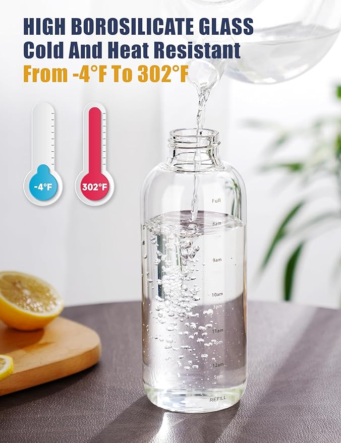 NiHome 25oz/750ml Clear Glass Water Bottle with 2 Caps & Stainless-Steel Straw, Temperature Resistant Durable High Borosilicate Glass Drinkware with Leak-Proof Seal for Travel, Gym, School & Home Use