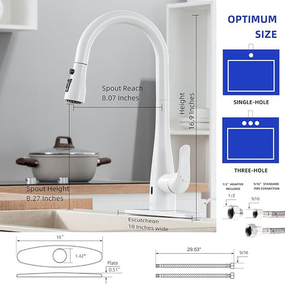 Touchless Kitchen Faucet with Soap Dispenser and Pull Down Sprayer - Single Handle Sensor Kitchen Sink Faucet, 1 or 3 Hole Design for Modern Farmhouse Kitchens, Rv, and Bar Sinks (White)