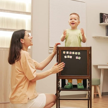 TOETOL Bamboo Kids Step Stool for Kitchen Height Adjustable Toddler Standing Tower with Keeper and Black & White Activity Board