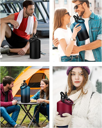 128 oz Insulated Water Bottle with Carrier Bag, 1 Gallon Metal Water Jug Keep Cold-48H Hot-24H, Giant Water Jug with Straw Lid & Spout Lid, Paracord Handle, Gallon Water Canteen for Work