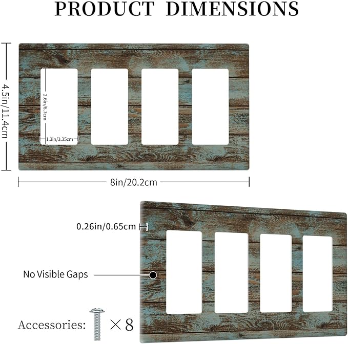 Vintage Green Wood Texture Quad Rocker Light Switch Wall Plate Cover Decorative 4-Gang for Outlet Room Bathroom Bedroom Home Kitchen Four Decora Receptacle Polycarbonate Power Gear 4.5" x 8"