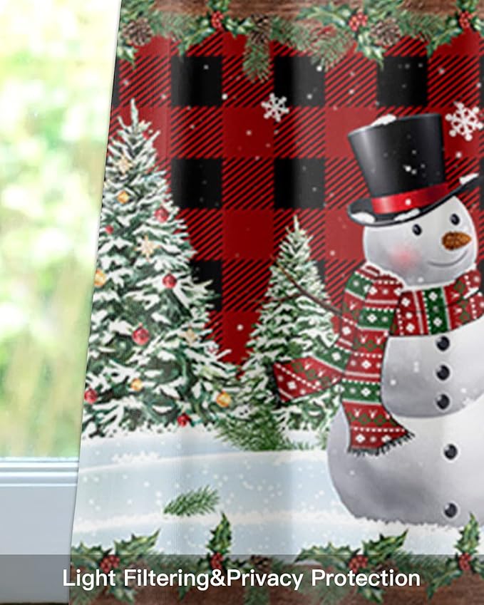 Vandarllin Christmas Snowman Kitchen Curtains Valances for Windows Christmas Tree Rod Pocket Window Treatment for Kitchen/Living Room/Bedroom/Bathroom,42" X 18" -1 Panel, Red Xmas Snowy Winter