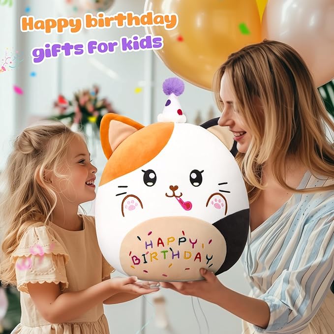 14” Birthday Cat Plush Pillow,Cute Cat Birthday Stuffed Animal,Kawaii Cat Plushie,Cat Happy Birthday Pillow,Soft Cat Plush Toy Decor Birthday Gift for Kids Toddlers Girls Boys (Calico Cat)