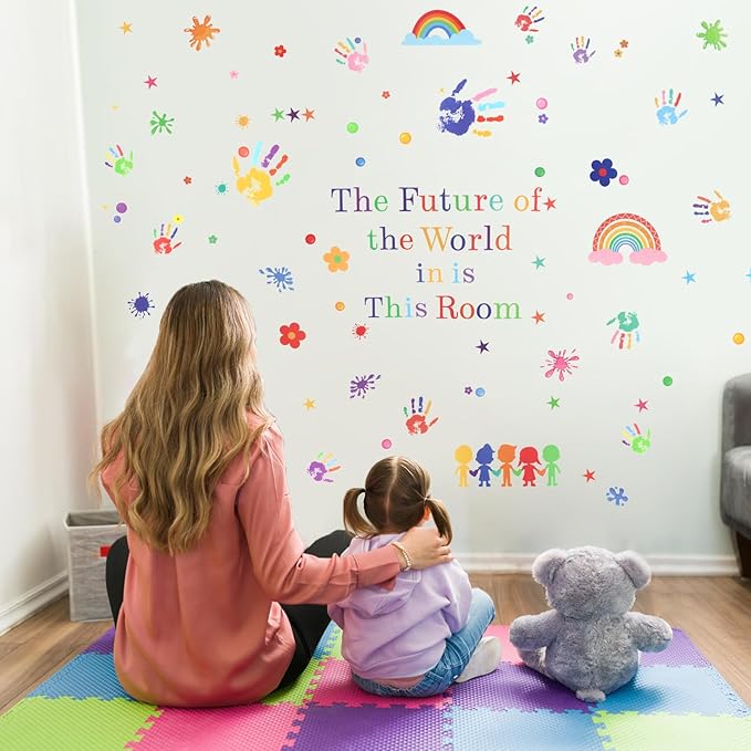 172pcs Colorful Inspirational Wall Decals, Handprint Wall Stickers, Removable Motivational Sticker for Kid Bedroom, Classroom, Kindergarten, School, Playroom