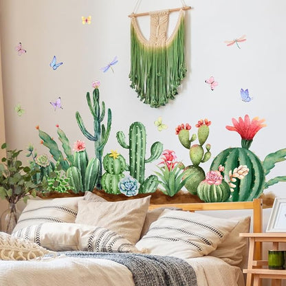 Vibrant Cactus & Butterfly Wall Stickers - 30x90cm Vinyl Decor for Home, Office, Nursery