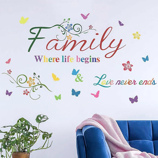 Family Wall Sticker, Inspirational Wall Decor Home Wall Decoration Warm Quotes Sticker Waterproof Removable Butterfly Sticker Letter Word Decal for Bedroom Dining Room Kitchen Wall Art Decor(Colorful)