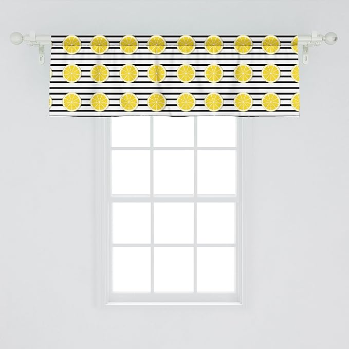 Ambesonne Lemons Window Valance, Citrus Fruits in Slices Pattern on Symmetrical Striped Background, Curtain Valance for Kitchen Bedroom Decor with Rod Pocket, 42" x 18", Yellow Charcoal Grey