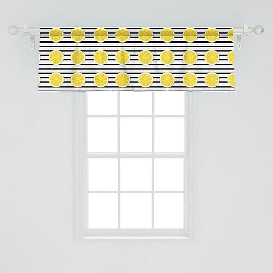 Ambesonne Lemons Window Valance, Citrus Fruits in Slices Pattern on Symmetrical Striped Background, Curtain Valance for Kitchen Bedroom Decor with Rod Pocket, 42" x 18", Yellow Charcoal Grey