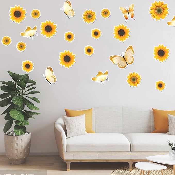 Sunflower Wall Decals, Butterfly Wall Stickers Sunflower Peel and Stick Decor for Bedroom Kitchen Living Room Home Decor