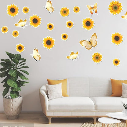 Sunflower Wall Decals, Butterfly Wall Stickers Sunflower Peel and Stick Decor for Bedroom Kitchen Living Room Home Decor