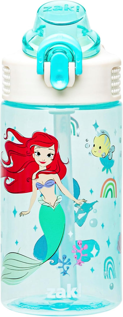 Zak Designs Sage Disney Princess Kids Water Bottle For School or Travel, 16oz Durable Plastic Water Bottle With Straw, Handle, and Leak-Proof, Pop-Up Spout Cover (Ariel & Jasmine)