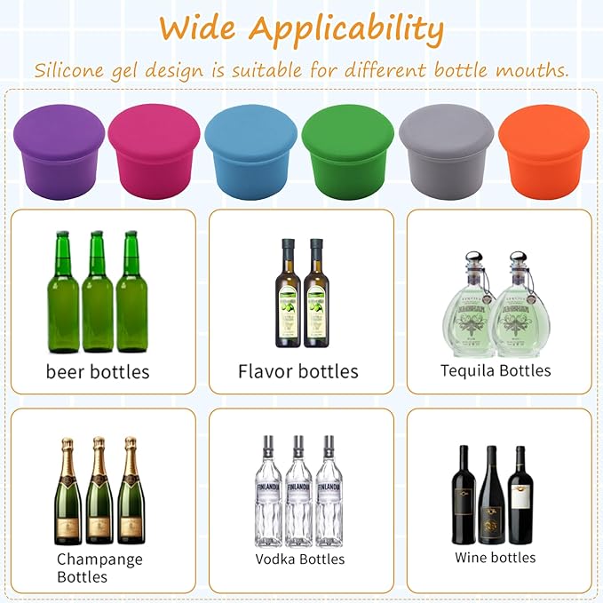 12 PCS Silicone Wine Stoppers, Reusable Silicone Wine Saver Sealer Stoppers Cover,Wine Bottle Caps Corks to Keep Wine Champagne Beverages Sparkling Beer Storage Fresh (6 colors)