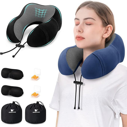 Travel Pillow for Airplane Memory Foam Neck Pillow, 2 Pack Travel Pillow for Travelling with Eye Mask, Earplugs and Storage Bag, Sleeping Rest, Car, Train and Home Use Fleece, Black & Blue