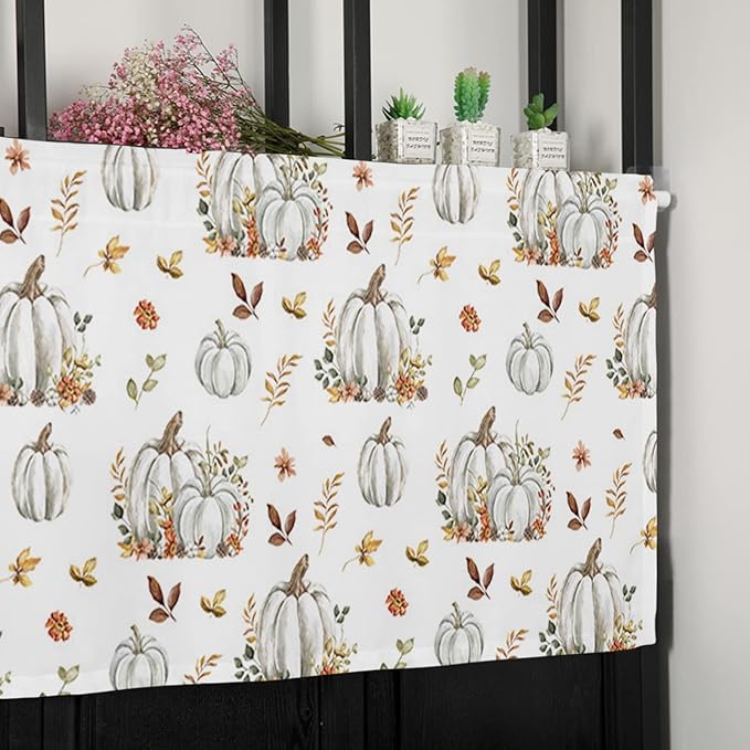 Vandarllin Fall Floral Leaves Kitchen Curtains Valances for Windows Thanksgiving Pumpkins Rod Pocket Window Treatment for Kitchen/Living Room/Bedroom/Bathroom,60" X 18"-1 Panel, Boho