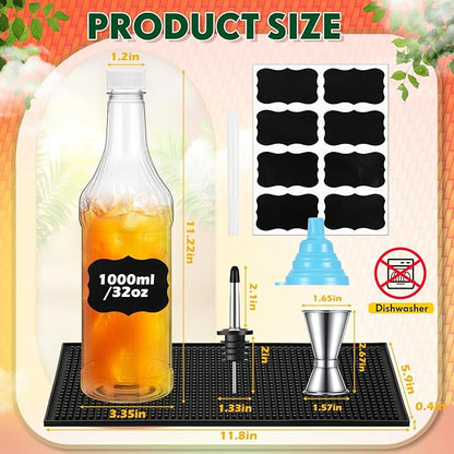 16 Pieces 32 oz Plastic Long Neck Bottles with Speed Pourers Spouts, Caps and Bartender Accessories, Snow Cone Syrup Bottles, Juice Pourers for Bartending, Store and Pour Containers for Bar