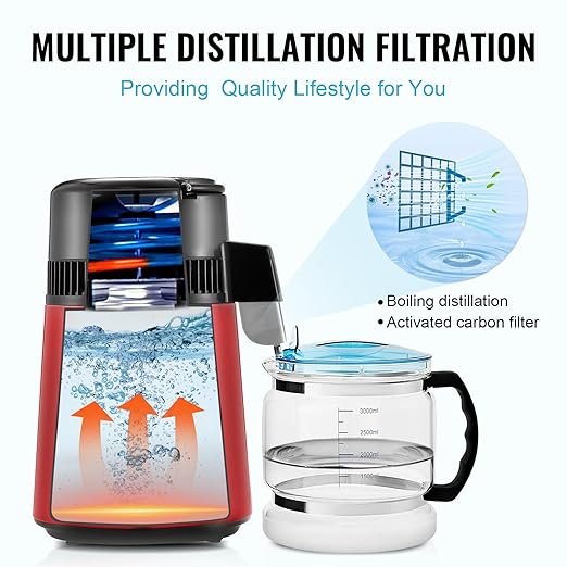 VEVOR Water Distiller, 4L 1.05 Gallon Pure Water Purifier Filter for Home Countertop, 750W Distilled Water Maker, Stainless Steel Interior Distiller Water Making Machine to Make Clean Water, Red