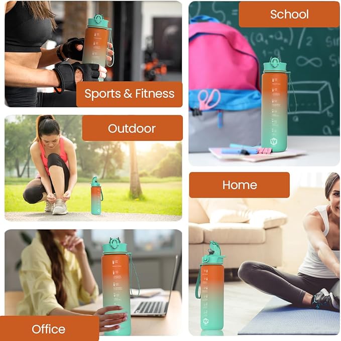 1L Water Bottle with Straw - Leak-Proof & BPA Free Reusable Sports Bottle - Motivational Time Markings for Hydration Durable Drink Bottle for Gym, Sports, Outdoor (Orange and Green)