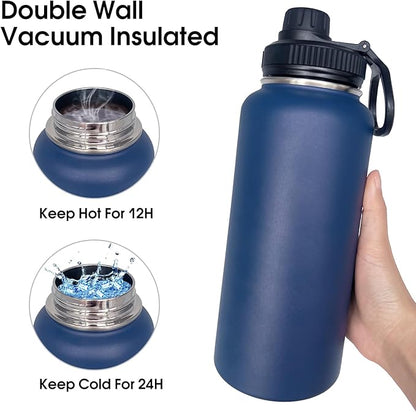 1pack 32 oz Insulated Water Bottle With Straw, Stainless Steel Sports Water Cup Flask with 2 Lids, Wide Mouth Travel Thermal Mug,Navy