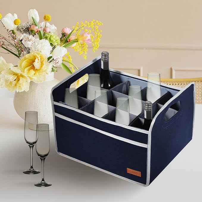 12 Bottle Wine Carrier, Thicken Felt Wine Carry Case Collapsible Wine Bottle Storage Box Liquor Bottle Tote with Handles for Travel, Party, Picnic (Navy Blue)