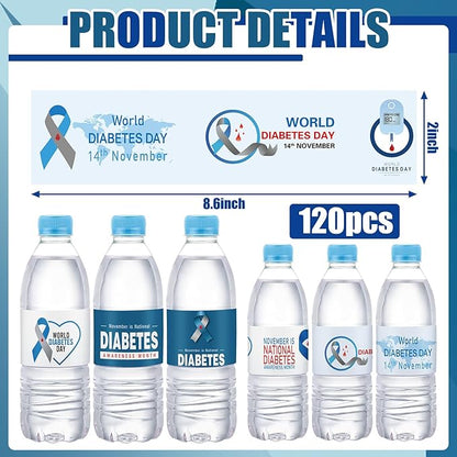 120 Pcs Diabetes Awareness Month Decorations Water Bottle Labels 8.6" x 2" Type 1 Diabetes Awareness Month Water Bottle Stickers for Diabetes Awareness