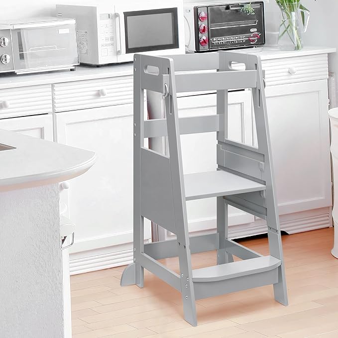 TOETOL Bamboo Toddler Step Stool Grey Learning Standing Helper Tower for Toddlers Kitchen Stools Counter 3 Height Adjustable Helper with Non-Slip Mat