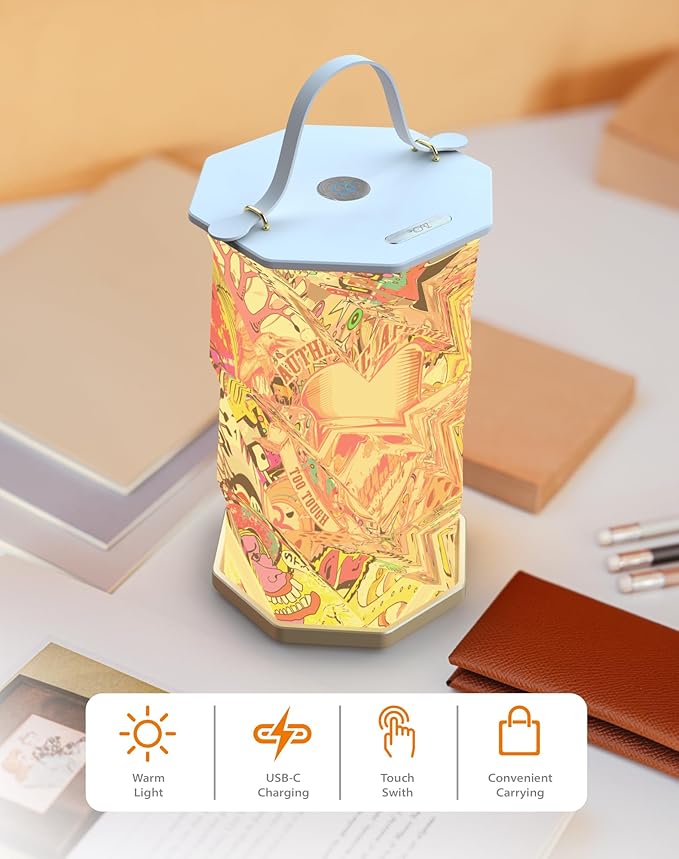 Battery Operated Lamp with Handle, Rotating Folding Lamp, Cyberpunk Portable Light, Folding Paper Lantern for Home, Office, Living Room