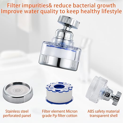 3PCS Sink Water Filter Faucet, 360° Rotating Faucet Filters, Faucet Water Filter, Purifier Kitchen Tap Filtration Removes Chlorine Fluoride Heavy Metals Hard Water for Home Bathroom & Kitchen