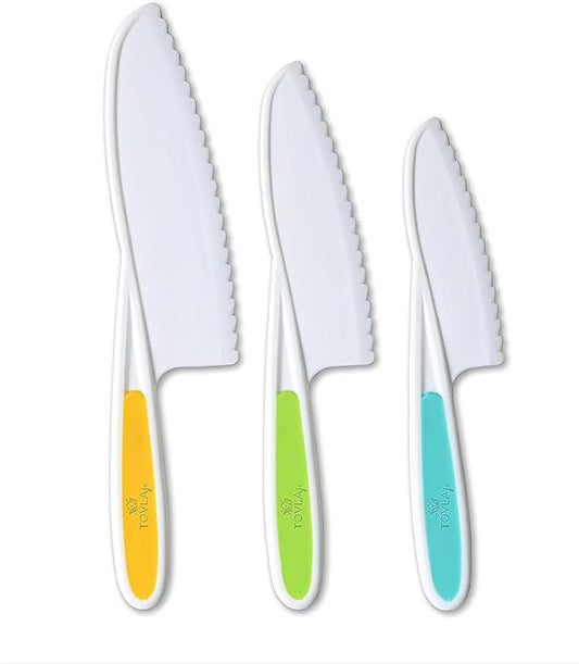 Tovla Jr. Knives for Kids 3-Piece Kitchen Cooking and Baking Knife Set: Montessori Children's Knives in 3 Sizes & Colors/Firm Grip, Serrated Edges, BPA-Free Kids' Toddler Knives (colors vary)