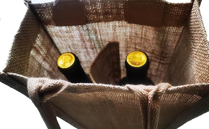 1Pack Jute Burlap 2 Bottle Wine Gift Tote Bags with Soft Cotton Handles Reusable for Wedding, Parties,Birthdays