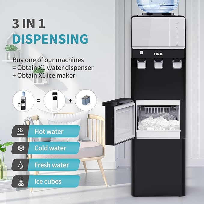 VECYS 3 in 1 Water Dispenser with Ice Maker, 27LBS Daily Ice Making and Hot Cold Water Supply, Child Safety Lock and Compatible with 3 or 5 Gallon Bottles, Ideal for Home and Office