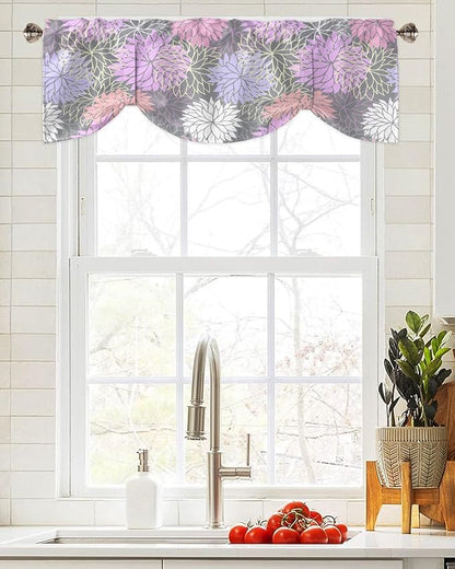 Tie Up Valance for Kitchen Living Room Farmhouse - Chrysanthemum Pink Purple Flower Rod Pocket Adjustable Tie-up Shade Valance for Small Window, Window Valance Balloon Drape for Bathroom 60x18 inches