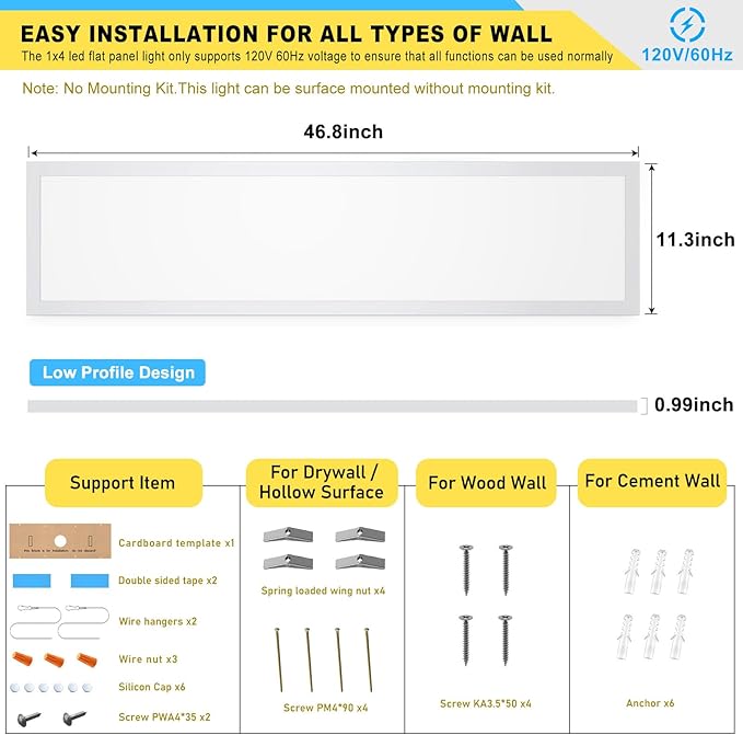 AIKVSXER 1x4 LED Flat Panel Light CPANL Surface Mount LED Ceiling Light, 5500LM 50W TRIAC 10-100% Dimmable, 3000/4000/5000k Selectable, 120V LED Kitchen Ceiling Light Fixtures for Garage/Laundry 2PACK