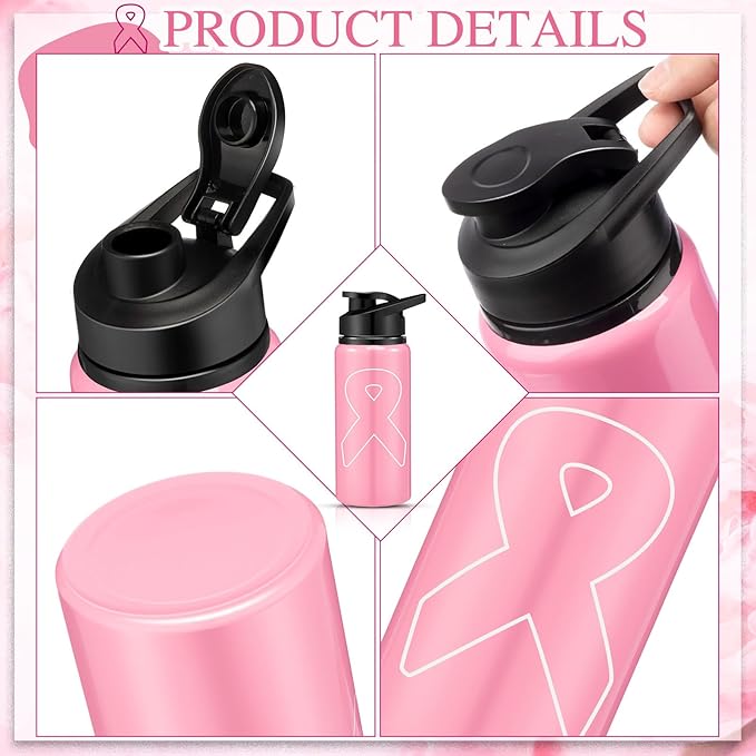 12 Pieces Breast Cancer Awareness Gifts Aluminum Water Bottles Pink Ribbon Breast Cancer Gift for Women Leak Proof Lightweight Portable Bottles for Marathon Running (Stylish Style,20 oz)