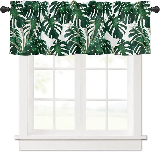 Summer Tropical Plant Valance Curtains for Kitchen Window, Green Monstera Leaves Rod Pocket Valances Window Treatments Monstera Short Curtains for Bedroom/Living Room,54" X 18" -1 Panel,