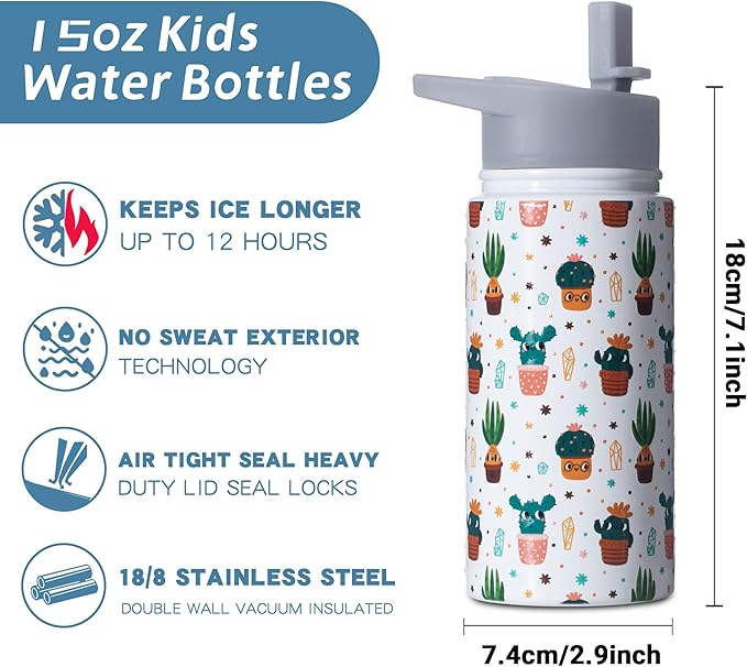 15oz Cactus Insulated Stainless Steel Water Bottle With Straw & Brush, Christmas Birthday Gifts for School - Hand Wash Only