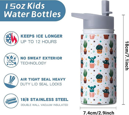 15oz Cactus Insulated Stainless Steel Water Bottle With Straw & Brush, Christmas Birthday Gifts for School - Hand Wash Only