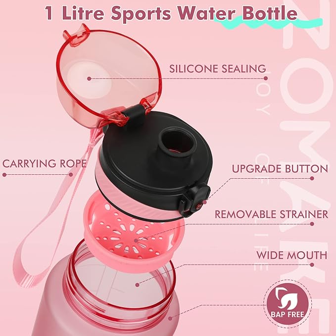 ZOMAKE 32oz Motivational Water Bottle with Times to Drink,Time Marker & Removable Strainer,Fast Flow,Leakproof Tritan BPA Free Non-Toxic Water Jug for Fitness,Gym,Sports…