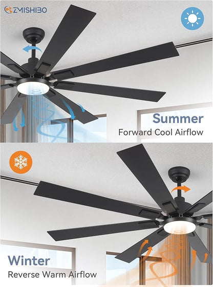 72 inch Large Ceiling Fans with Lights and Remote, Indoor/Outdoor Black Modern Ceiling Fan for Kitchen Living Room Patio, 6 Speed Reversible Quiet DC Motor, 3 CCT, Dual Finish 8 Blades