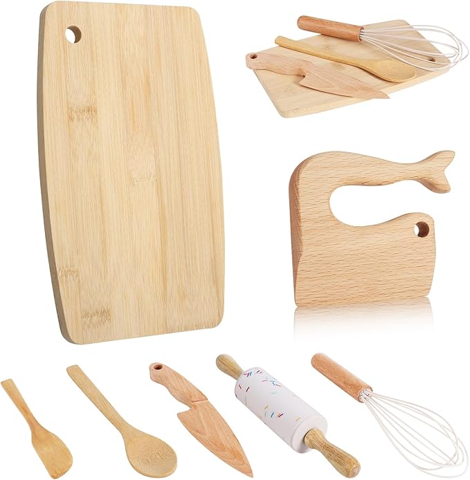 7 Pieces Wooden Kids Knife Toddler Knife Set Toddler Cutting Board And Knife Set for Real Cooking Montessori Kitchen Tools for Toddlers for Cutting Veggies Fruits Salad Cake