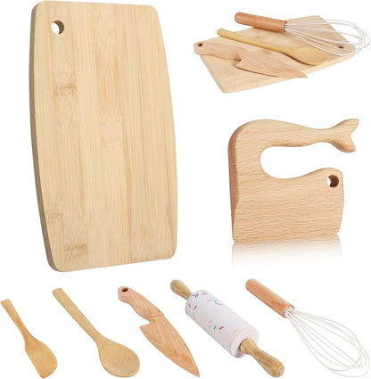 7 Pieces Wooden Kids Knife Toddler Knife Set Toddler Cutting Board And Knife Set for Real Cooking Montessori Kitchen Tools for Toddlers for Cutting Veggies Fruits Salad Cake