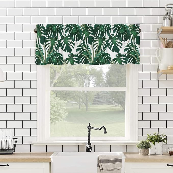 Summer Tropical Plant Valance Curtains for Kitchen Window, Green Monstera Leaves Rod Pocket Valances Window Treatments Monstera Short Curtains for Bedroom/Living Room,54" X 18" -1 Panel,