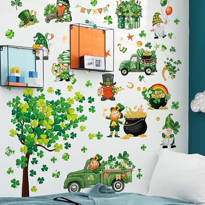 St. Patrick's Day Wall Decals Stickers Green Truck Shamrock St. Patricks Day Window Clings Lucky Clover Golden Coins Irish Spring Holiday Home Kitchen School Office Decor Party Supplies Decoration