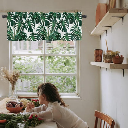 Vandarllin Summer Tropical Plant Kitchen Curtains Valances for Windows Green Monstera Leaves Rod Pocket Window Treatment for Kitchen/Living Room/Bedroom/Bathroom,42" X 12" -1 Panel,