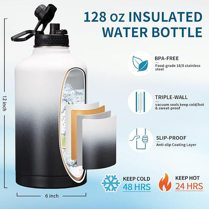 1 Gallon Water Bottle Insulated - 128 oz Water Jug with Straw Spout Lid, Paracord Handle, Carrying Bag, Protective Cup Mat, Big Stainless Steel Water Bottles, Metal Canteen for Camping Sports Gym