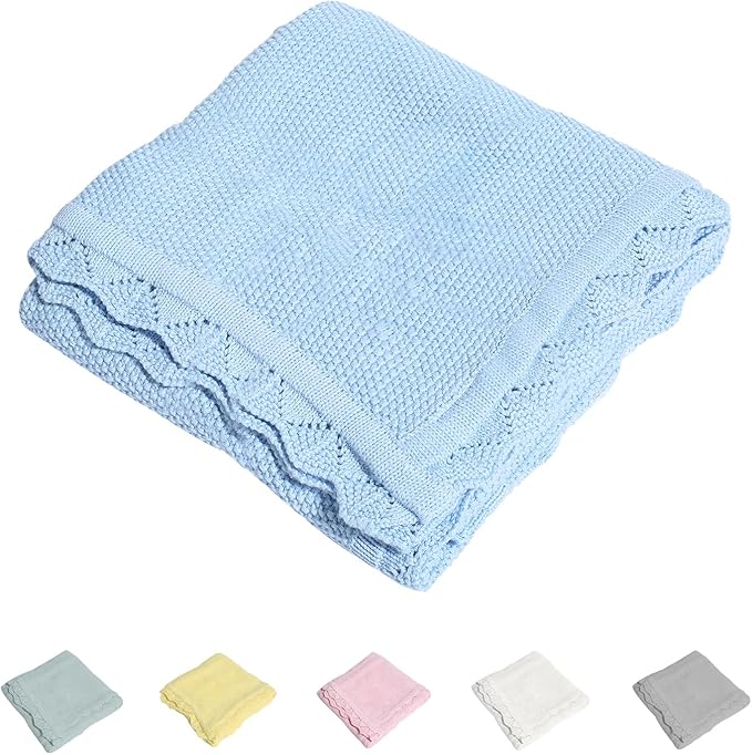 100% Cotton Baby Blanket Knit Lace Soft Warm Toddler Blanket,30 x 40 Inches，Sky Blue