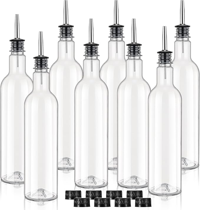 8 Pack 25oz Plastic Long Neck Bottles with 8 Stainless Steel Pourer and Caps Fruit Juice Liquor Syrup Pour Bottles Reusable Leakproof Tapered Spout Bottles for Home School Birthday Party Bar