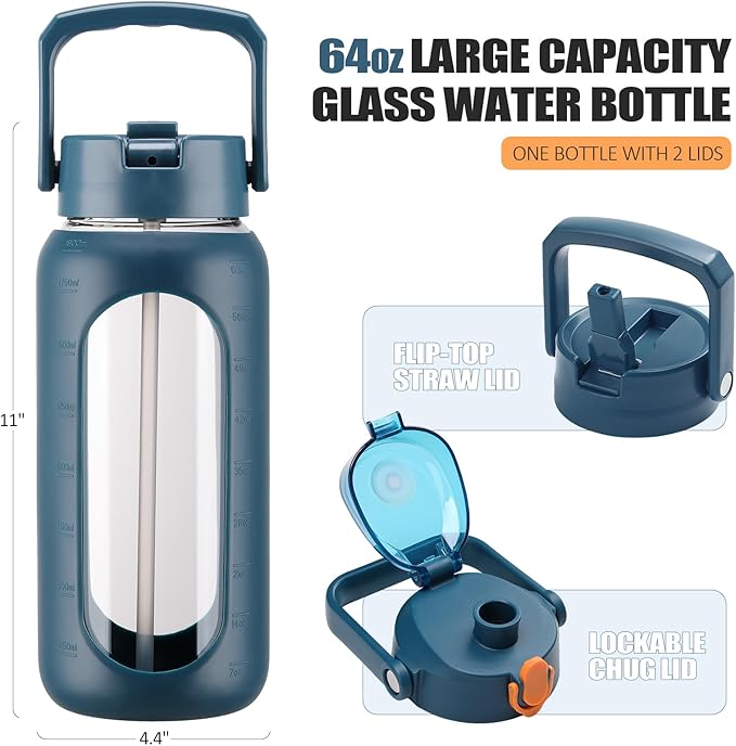 BLUEGO 64oz Glass Water Bottles with 2 Lids Flip Lid and Spout Lid Half Gallon Water Bottle with Straw 2L Large Water Bottle with Time and Capacity Markers for Gym Home Office Leak-proof, Dark Blue