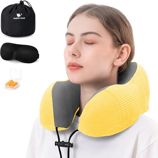 Travel Pillow for Airplane Memory Foam Neck Pillow, Soft & Support Travel Pillow for Travelling with Eye Mask, Earplug and Storage Bag, Sleeping Rest, Car, Train and Home Use Fleece, Yellow