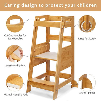 TOETOL Bamboo Toddler Step Stool Kids Kitchen Counter Learning Stool Standing Helper Tower 3 Height Adjustable Bathroom Sink with Safety Rail,Natural